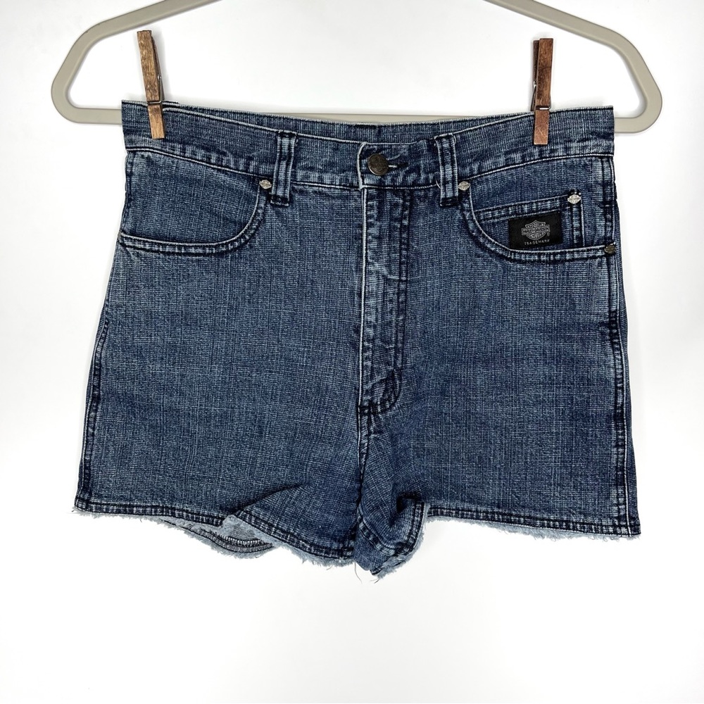 Harley Davidson High Rise Dark Wash Raw Hem Denim Jean Shorts Woman’s Size 6